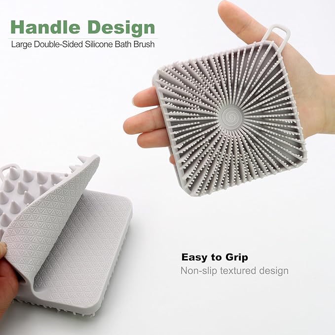 Silicone Body Scrubber, Loofah Double-Sided Body Brush, Shower Scrubber and Scalp Massager Shampoo Brush for Sensitive Kids Women Men All Kinds of Skin (Cool Gray)