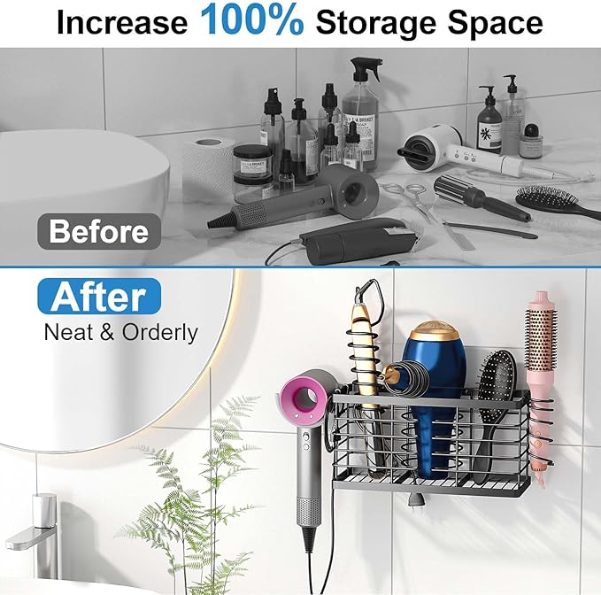Sevenblue Hair Tool Organizer, 3-in-1 Universal Hair Dryer Holder, Adjustable Height Metal Blow Dryer Holder Wall Mounted/Over Cabinet Door/Free-Standing, 12.2 * 5 * 6.1" (XL Black)