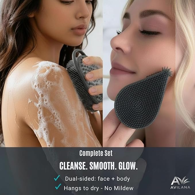 Avilana Premium Body Scrubber and Face Brush Set - Trusted Since 2017 - SGS Certified Silicone 2-in-1 Shower Kit, Dual Sided Gentle Exfoliating Loofah Alternative Sensitive Skin Women Men Gift