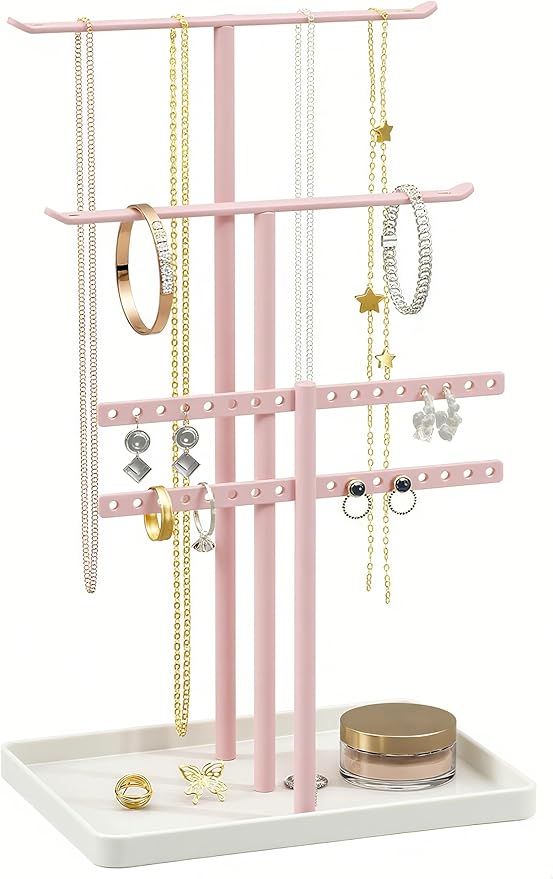 pickpiff Pink Jewelry Stand Holder Organizer: 14.5" Sturdy Hanger for 80 Pcs Jewelry, Jewlery Tower for Display Necklace, Earring, Bracelet, Watch