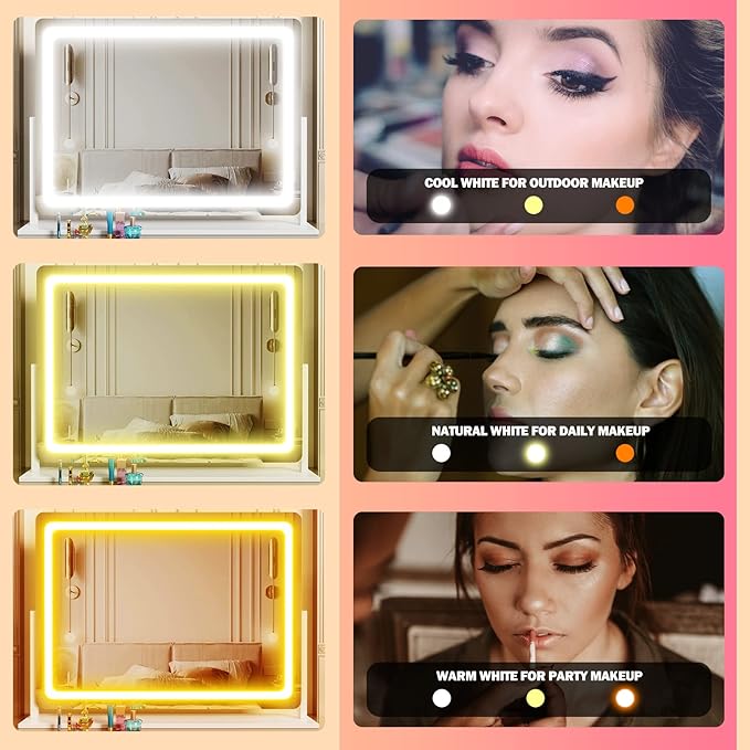 Lighted Makeup Mirror, 17.3"x13" Hollywood Vanity Mirror with Led Lights, Three Color Lighting Modes, and 10X Magnification Mirror, Smart Touch Control, 360°Rotation (White, Gift Box)