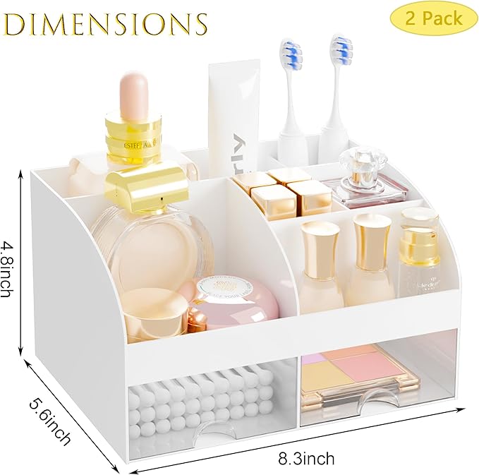Makeup Organizer with 2 Drawers, Cosmetic Storage for Dresser Vanity and Bathroom Countertop,Make up organization and Skincare Storage with Beauty Brush Holder, Cosmetic Display Case 2Pcs White