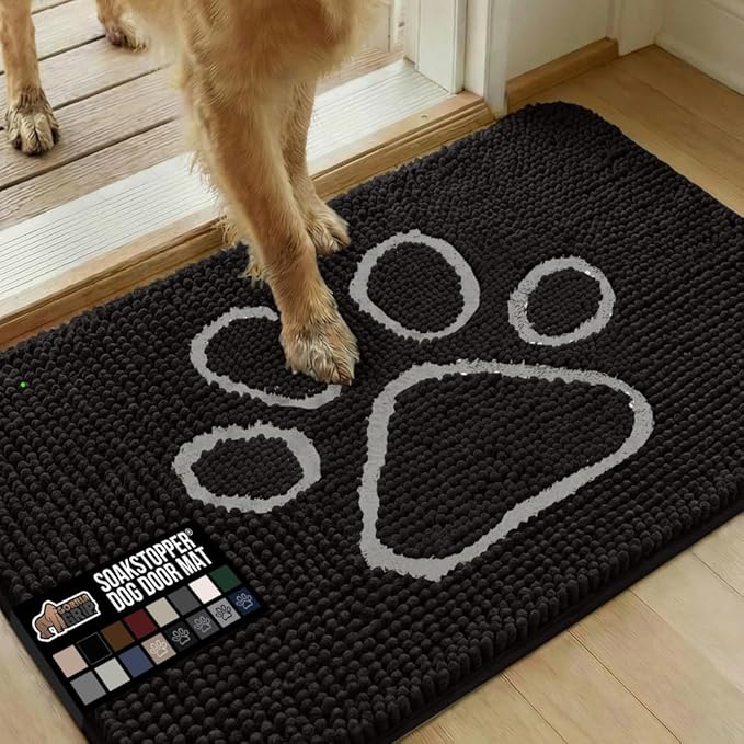 GORILLA GRIP SoakSTOPPER Dog Door Mat, 36x24 Machine Washable Rug Absorbent Doormat Captures Moisture Mud Dirt, Quick Dry Soft Chenille Entryway Rugs Indoor Entrance Mats for Dog Paws, Black White