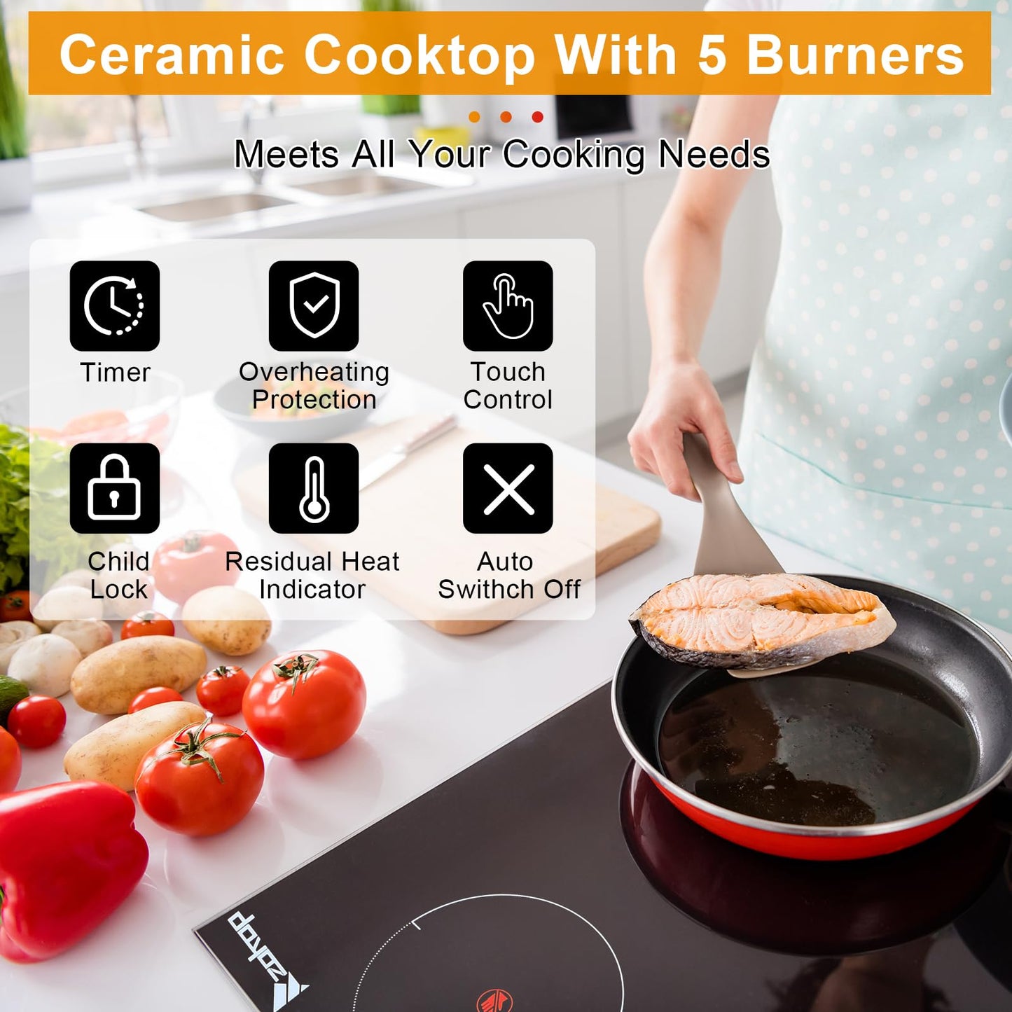 Winado 2 Burners Electric Ceramic Cooktop 20 inch, 220-240V Flat Top Stove, Multi-function Elecric Stovetop w/9 Heating Level, Timer & Kid Safety Lock, Sensor Touch Control, Timer Setting, Plug, 3000W