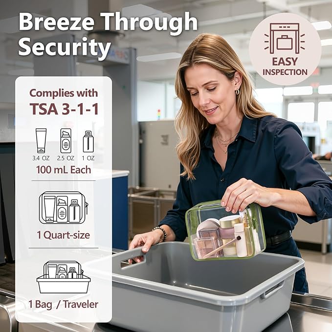 PACKISM TSA Approved Toiletry Bag - Clear Makeup Bag 3 Pack Medium, Quart Size Bag for 3-1-1 Liquids with Metal Smooth Zipper, Travel Makeup Bag for Women, Airport Airline Compliant Bag, Sage Green
