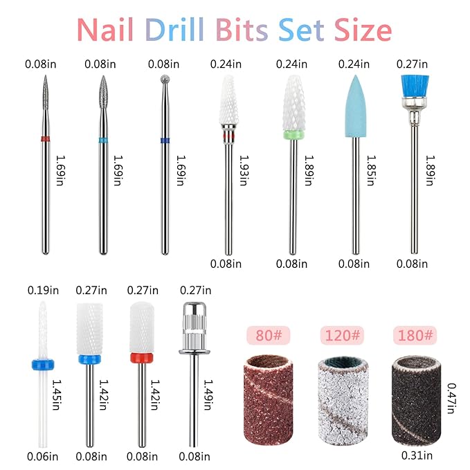 BQAN Nail Drill Bits Set, 10Pcs 3/32 In Drill Bit for Nail Tech Ceramic Diamond Bits with 75Pcs Nail File Sanding Bands for Remove Cuticle Acrylic Polish Nails Manicure