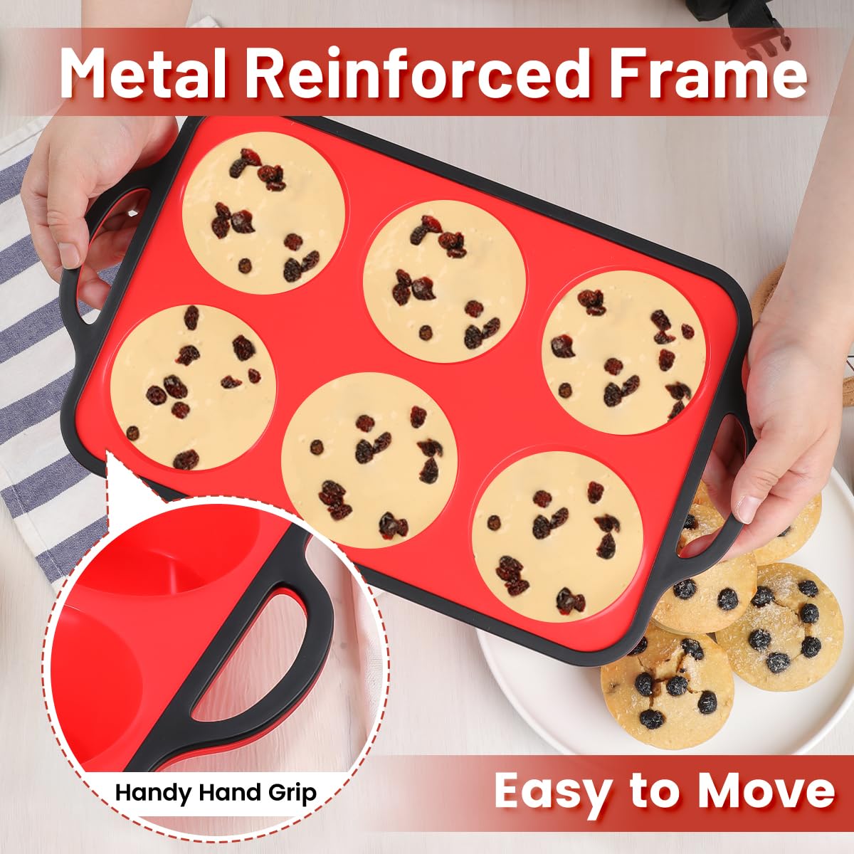 Jumbo Muffin Pan, 3.5 Inch Large Muffin Pan with Metal Reinforced Frame 6 Cup Silicone Jumbo Cupcake Pans for Baking Easy to Handle 2 Pack Red Black Brim