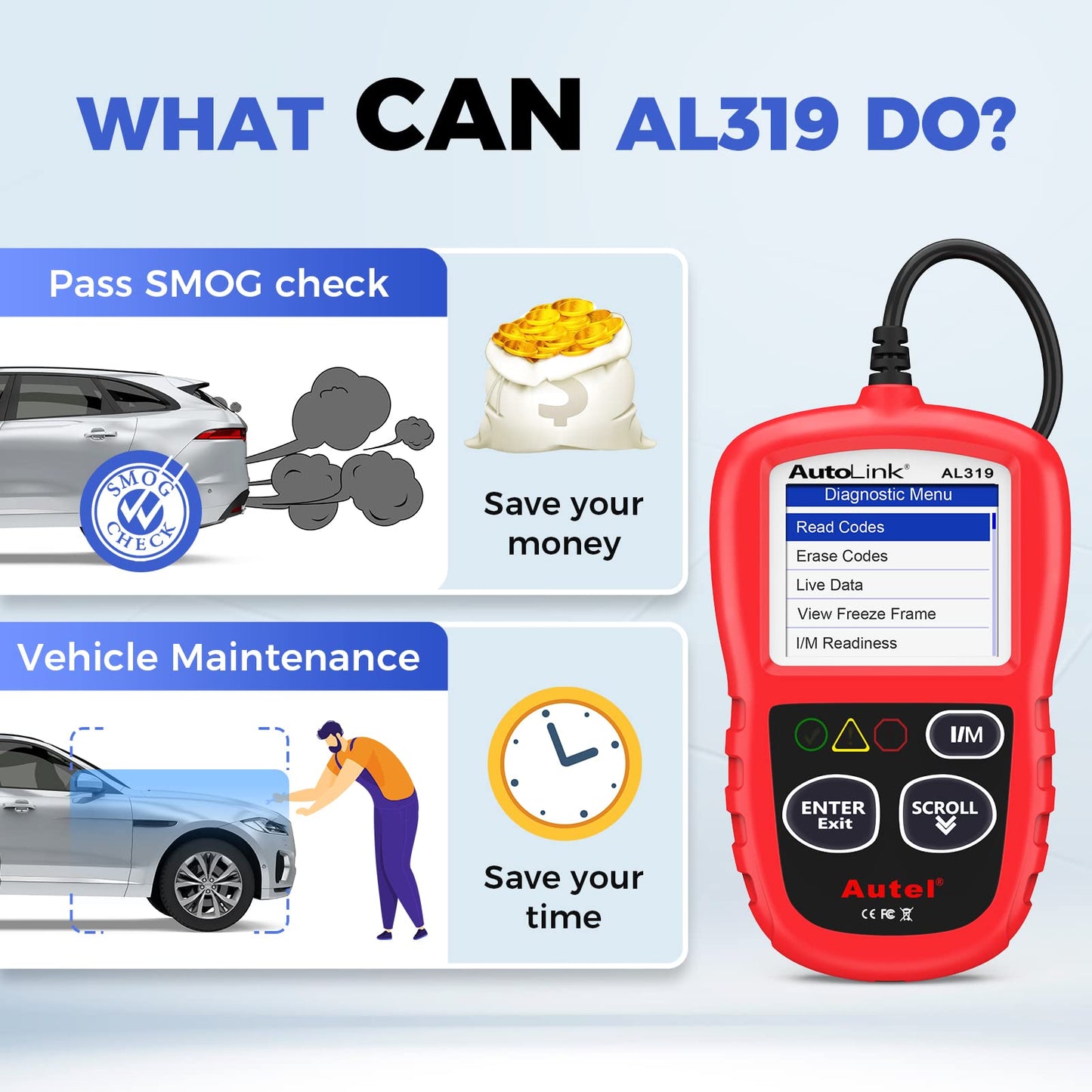 Autel Professional OBD2 Scanner AL319 Code Reader, Enhanced Check and Reset Engine Fault Code, Live Data, Freeze Frame, CAN Car Diagnostic Scan Tools for All OBDII Vehicles After 1996, 2026 Upgraded