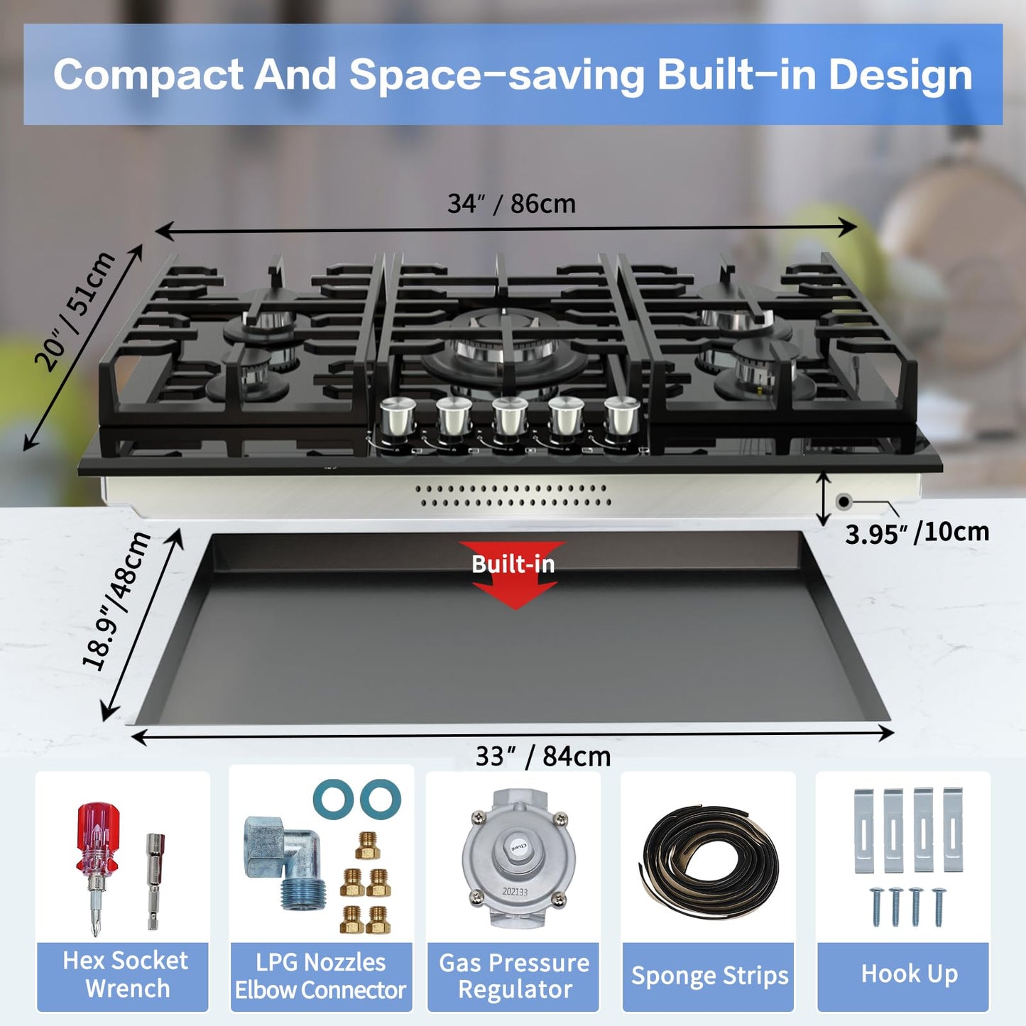 Davivy 34 inch Gas Cooktop 5 Burners,Gas Stove Top,Built in All Black Tempered Glass Surface Cooktop - NG/LPG Convertible,Dual Fuel,Thermocouple Protection,CSA Certified,36004 BTU