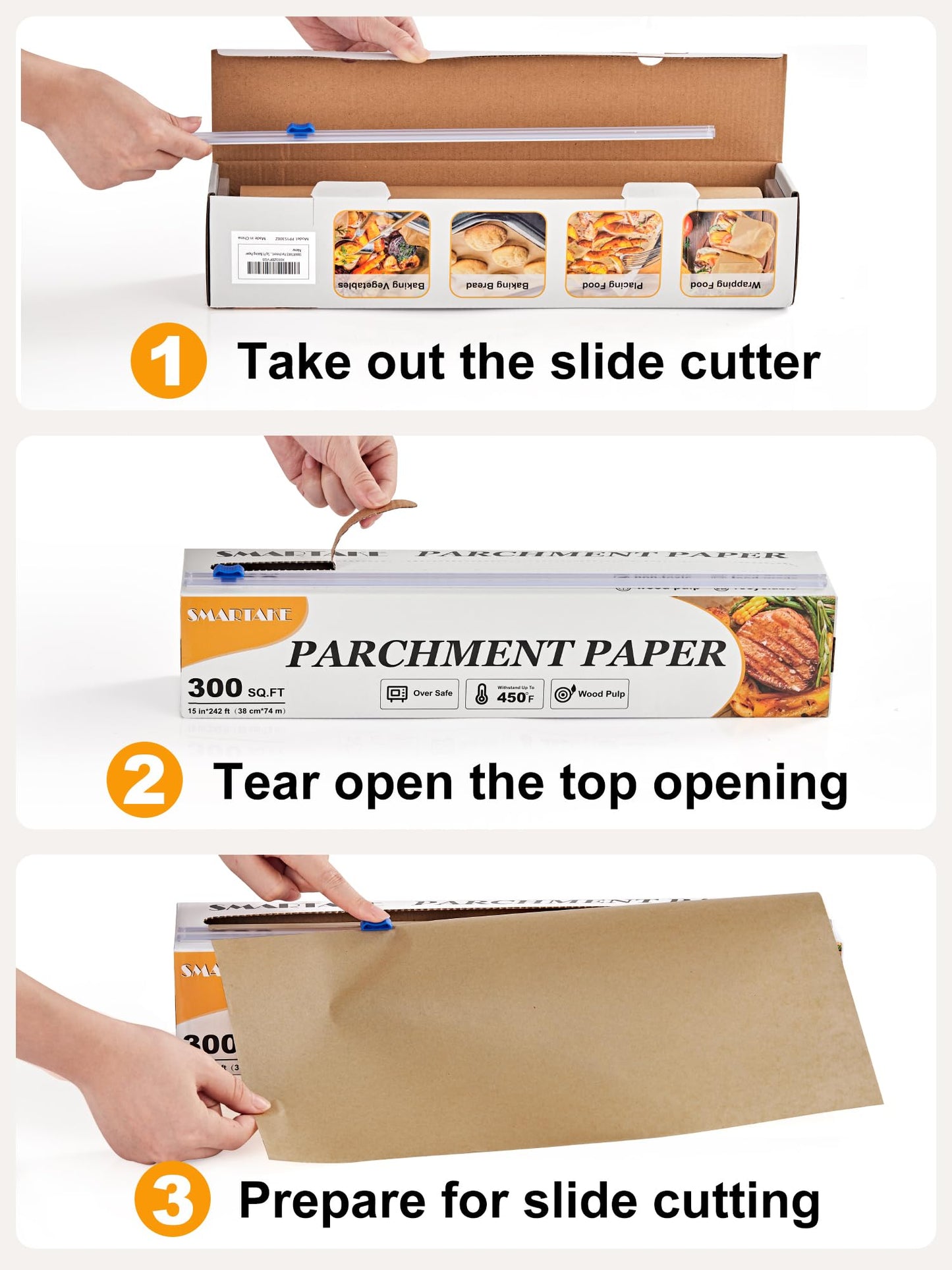 SMARTAKE Parchment Paper Roll for Baking, 2-Pack of 15 in x 242 ft, 600 sq.ft, Non-Stick Baking Paper Sheets with Slide Cutter, Heavy Duty Extra Long, for Kitchen Baking Cooking Grilling, Unbleached