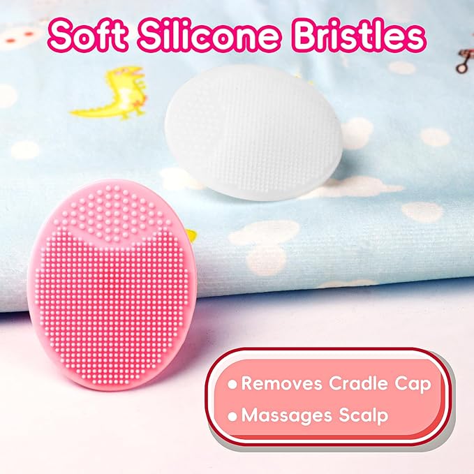 Cradle Cap Brush for Babies, Set of 5 Baby Bath Essentials with Bath Sponge Silicone Scrubber Long Handle Comb for Newborns Toddlers Boys Girls (Pink)