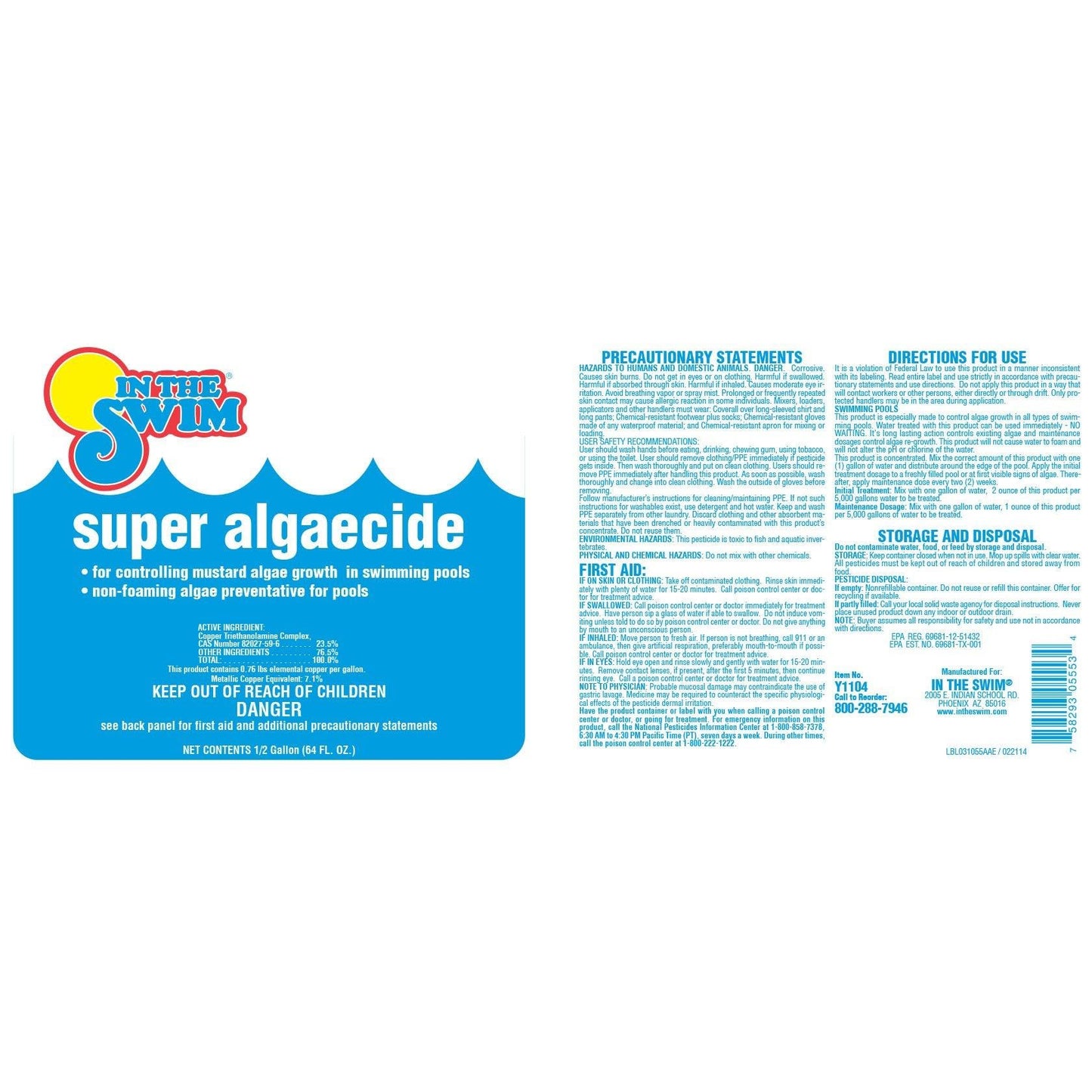 In The Swim Super Algaecide for Above Ground or Inground Swimming Pools – Low Odor, Non-Foaming Preventative for Yellow/Mustard Algae in Swimming Pools - 7.1% Chelated Copper – 1 Gallon