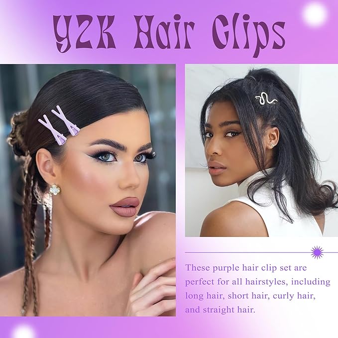 10PCS Y2K Hair Clips Purple Punk Hair Snap Clips Pastel Goth Dangle Spider Skeleton Cross Ghost Snake Halloween Hair Accessories for Women Girls