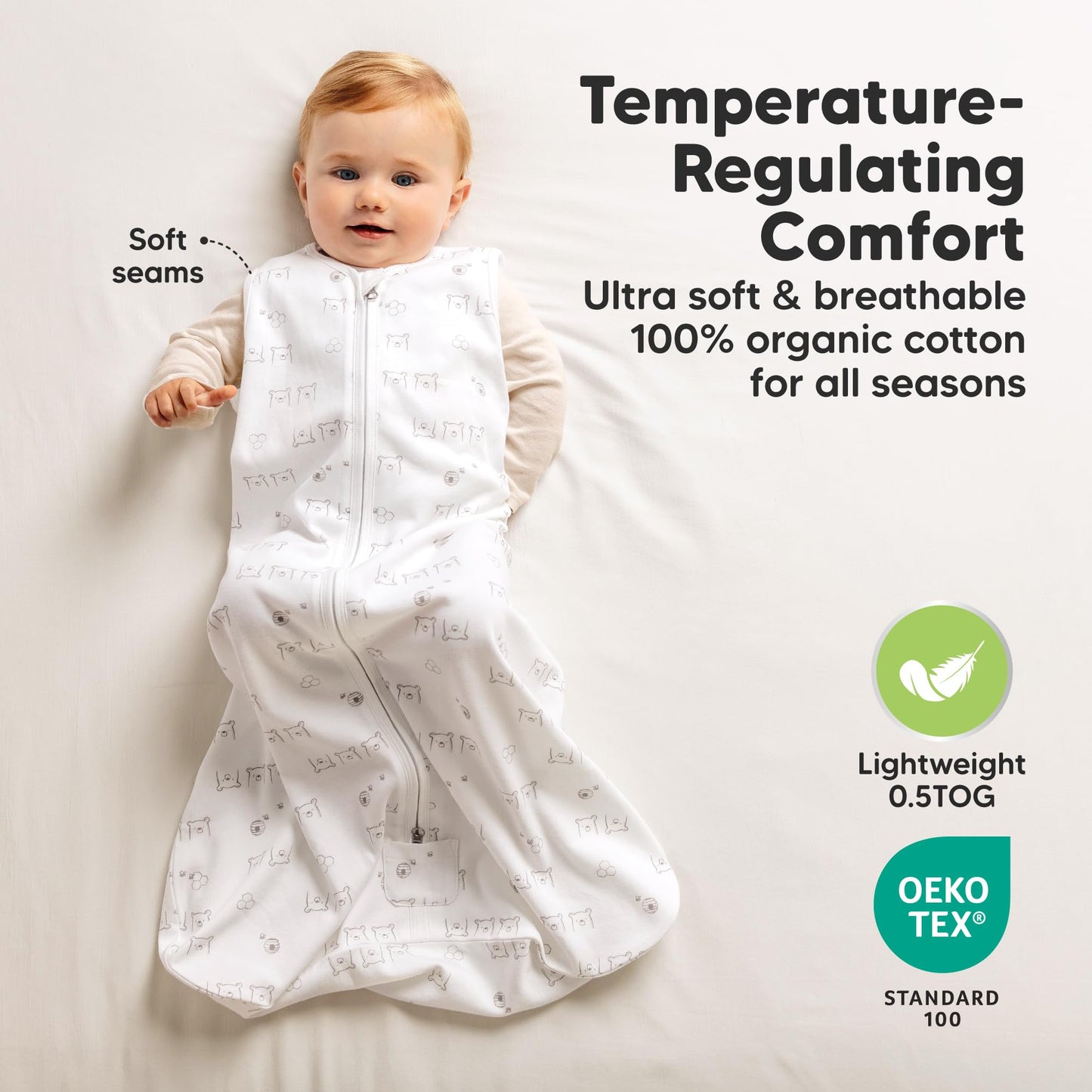 2-Pack Baby Sleep Sacks,Zipper Wearable Blanket - 0.5TOG Organic Cotton,Lightweight,Soft Cozy Toddler Sleeping Sack 6-12 months,Easy to Wear Large Newborn Transition Swaddles Sleepsacks(BumbleBear, M)