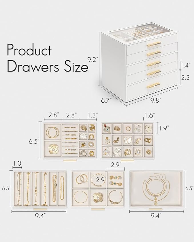 Vlando 5 Layer Jewelry Box for Women, Glass Lid Jewelry Organizer with 5 Drawers for Necklaces Rings Earrings Bracelets - White