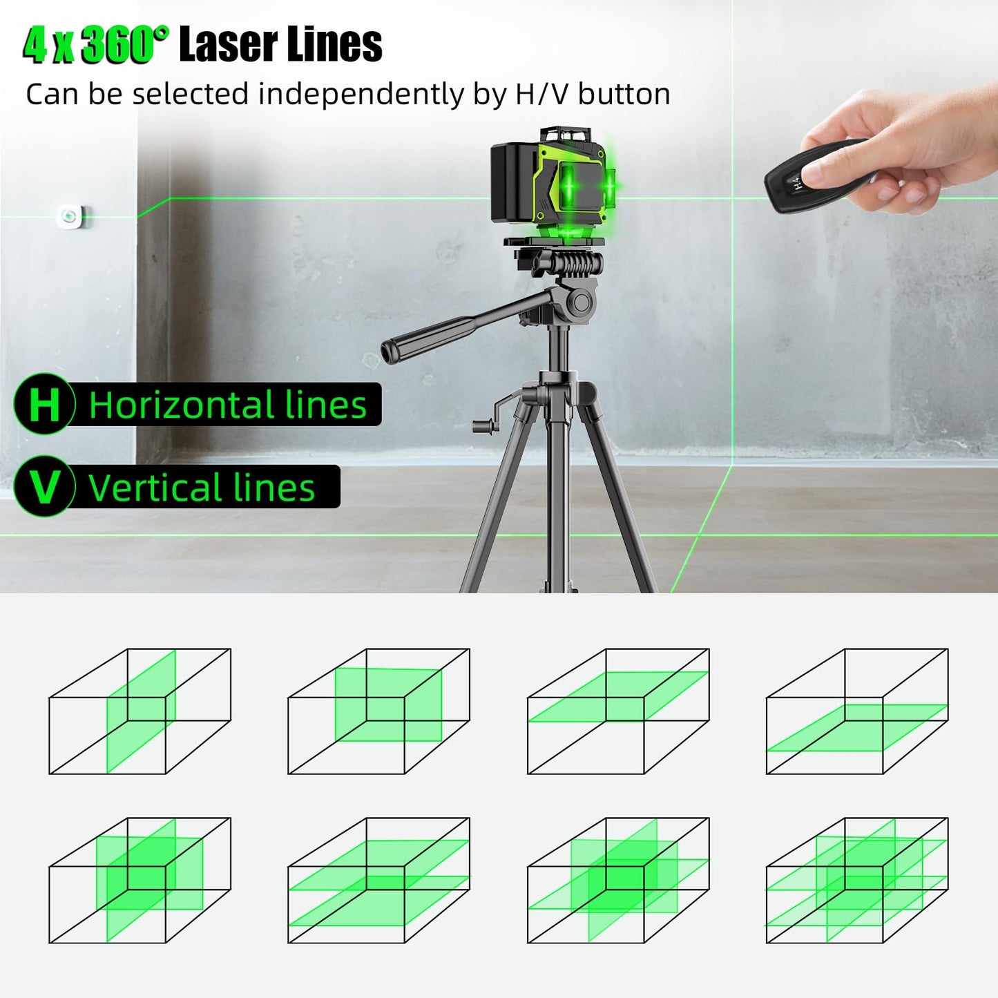 16 Line Laser Level with Tripod,4x360° Self Leveling Laser Level with 2 Batteries,4D Laser Level 360 Self Leveling,Green Line laser Level Tool for Construction,Picture Hanging,Home Renovation