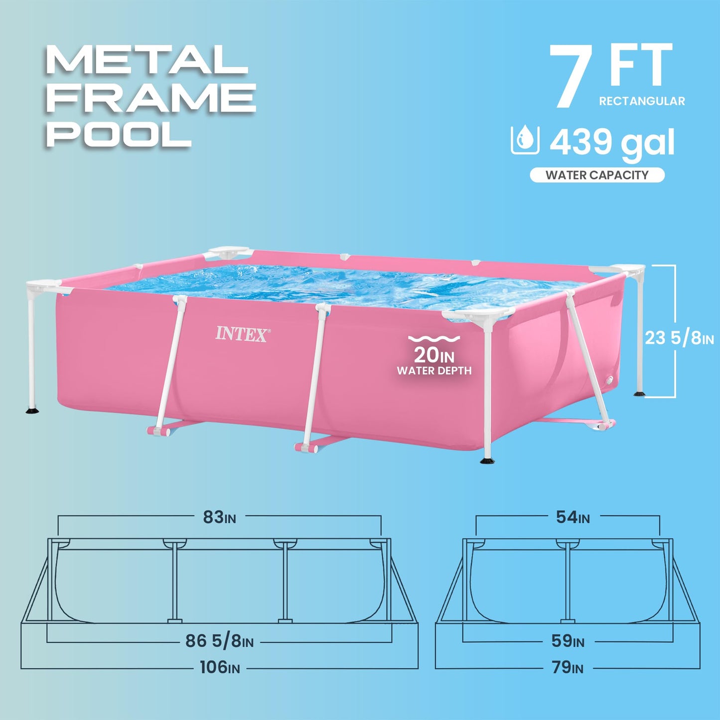 INTEX Metal Frame 7 ft x 5 ft x 23.5 in Above Ground Pool Set, Rectangular Swimming Pool with Steel Frame