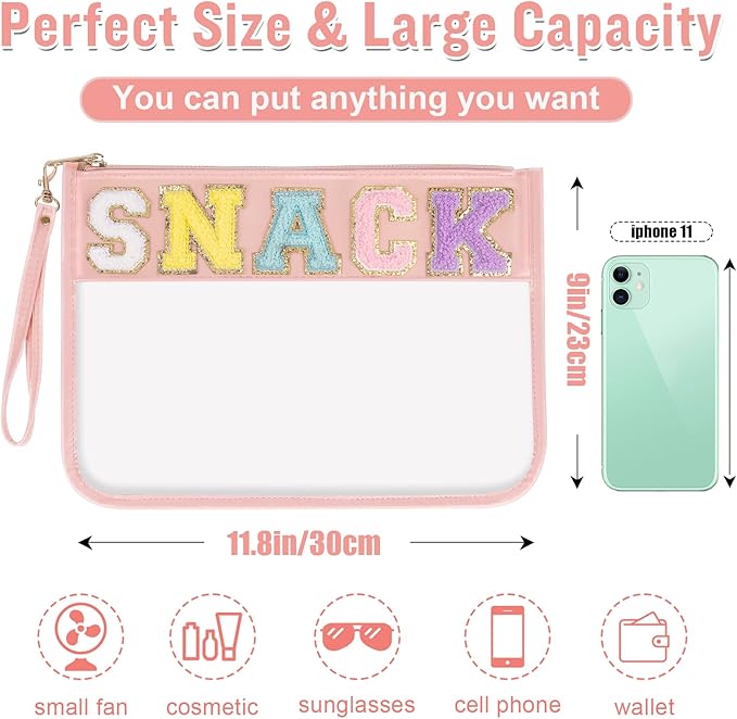 Chenille Letter Clear Snack Bag Purse, Monogram PVC & PU Zipper Pouch With Wristlet, Waterproof Portable Glitter Makeup Beach Toiletry Bag for Women Girls (SNACKS-Pink)