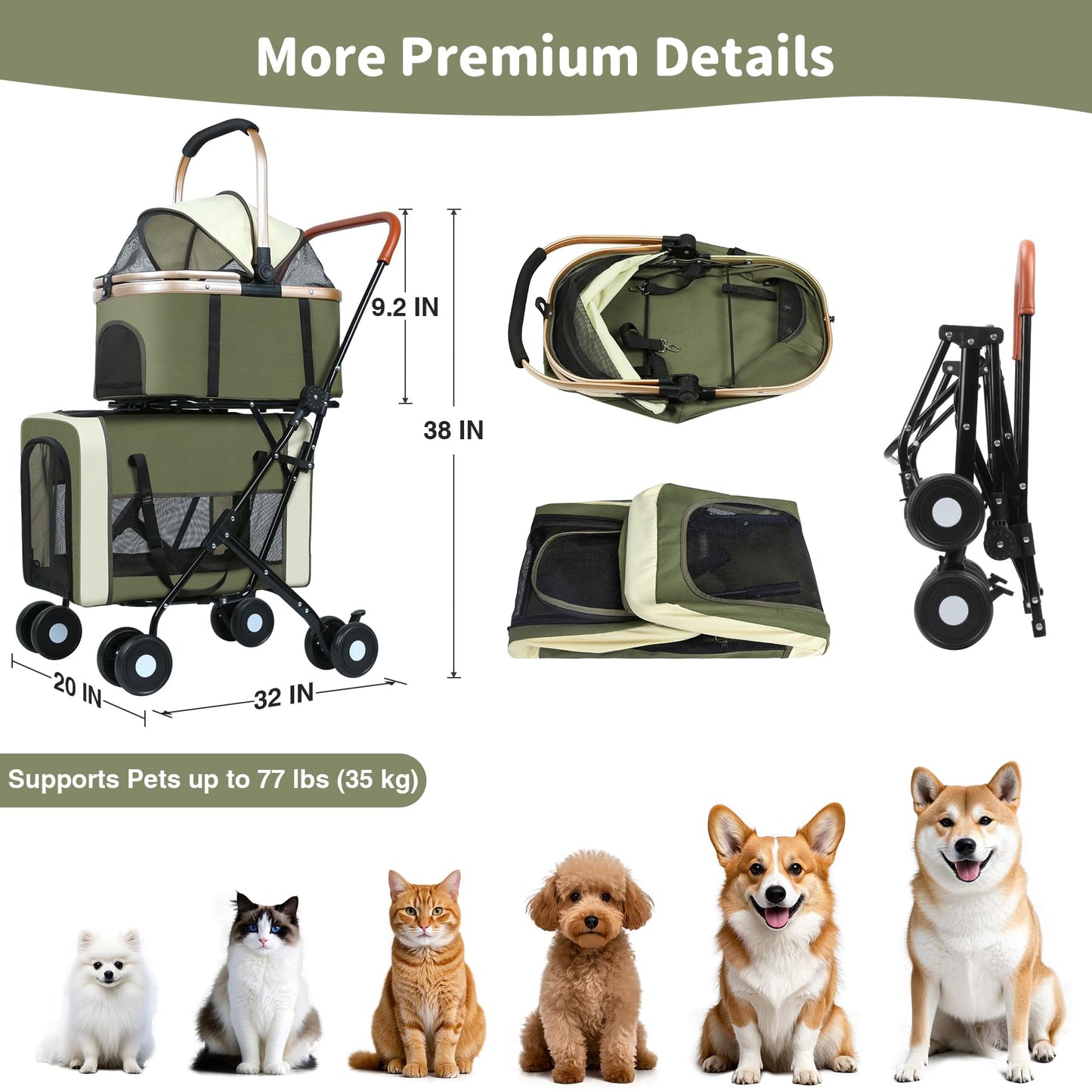 Double Pet Stroller for Dogs and Cats: Dog Stroller Foldable Travel Carriage with Detachable Carriers, Safety Belts, and 4 Lockable Wheels for Small to Medium Pets – Ideal for Multi-Pet Homes (Green)