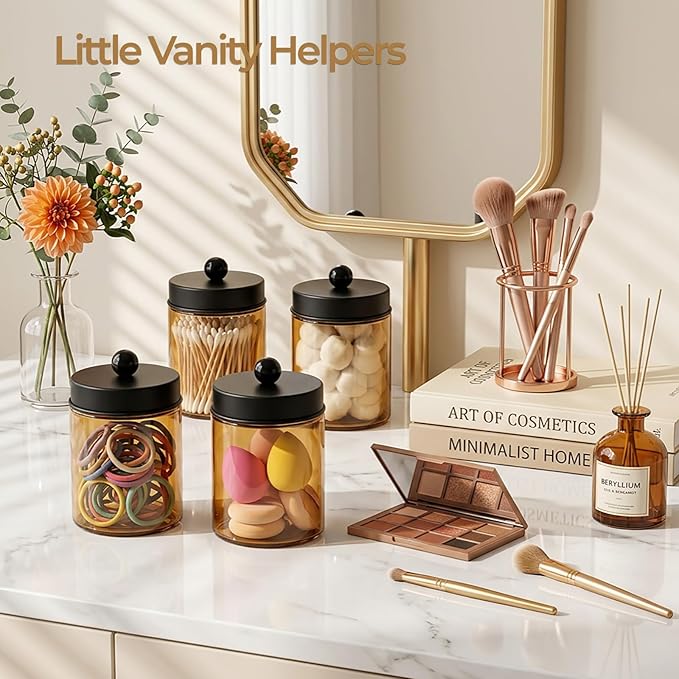 Amolliar 4 Pack Apothecary Jars Bathroom Vanity Storage Organizer Set -Countertop Canister with Stainless Steel Lids &Stickers Qtip Dispenser Holder for Cotton Swab (Amber-black Lid)