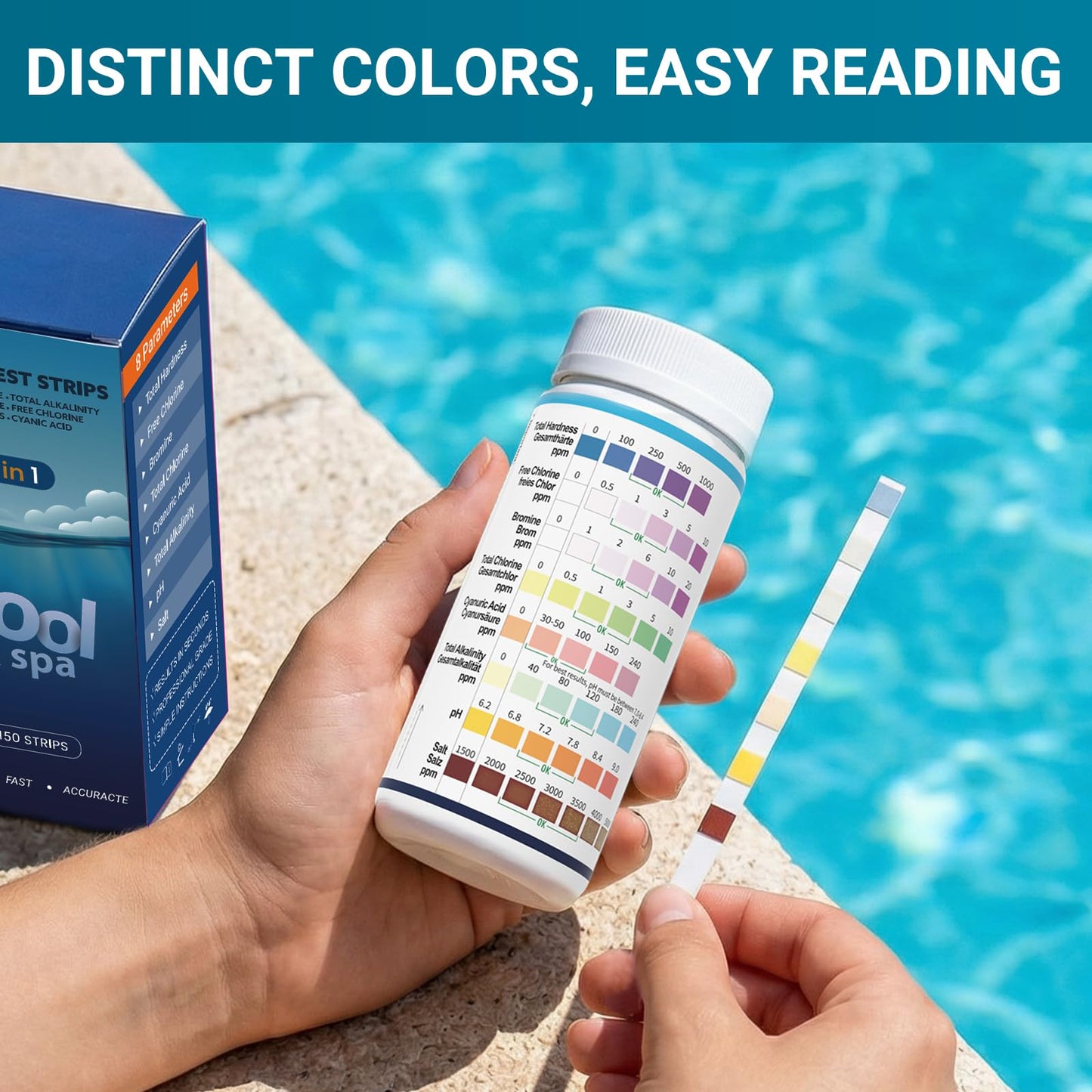 AKSBTEC 2026 Salt Water 8-in-1 Pool Test Strips Kit | 150 Strips Pool Salt Test Strips | Salt Water Pool Testing Kit for Pools, Hot Tubs & Spas Quick Accurate Tests Salt, Chlorine, pH, Cyanuric Acid