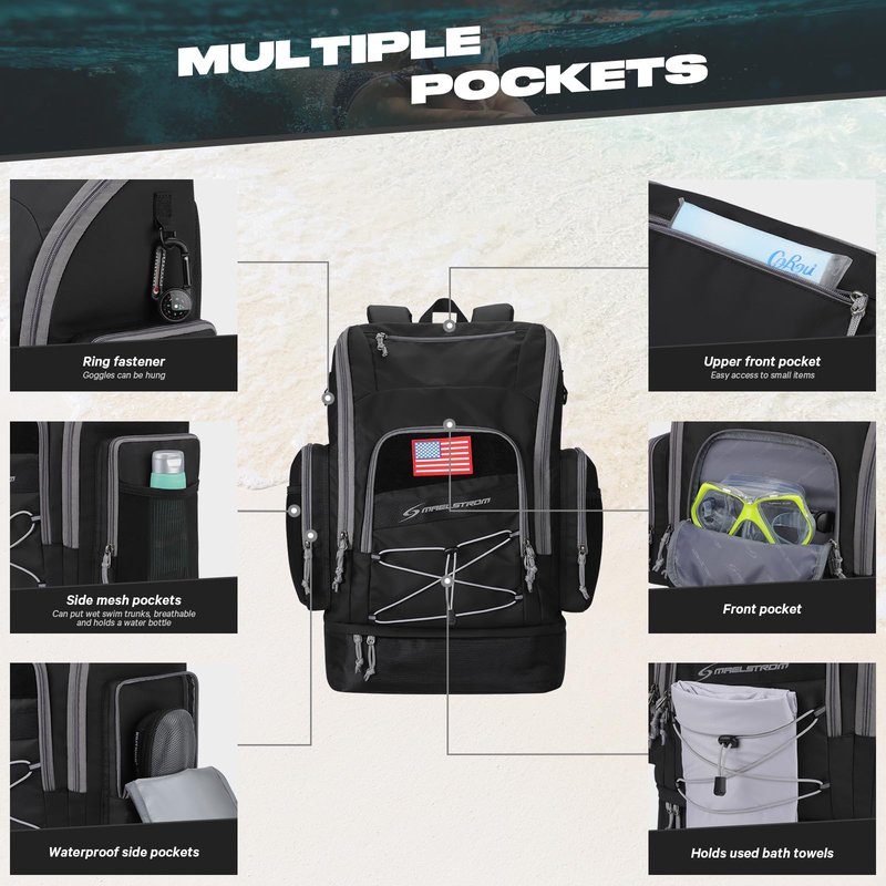 Maelstrom Swim Backpack,35L Swimming Bag with Separate Shoes Compartment,Swim Gear Bag for Beach,Athlete Sports Gym Rucksack for Men and Women (Black)