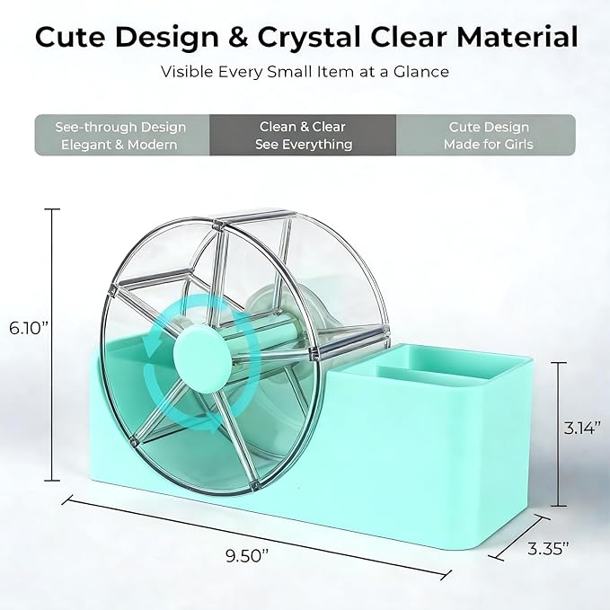 Hair Accessories Organizer for Girls, 2-Slot Hair Brush Holder & 5-Section Rotating Wheel, Cute Makeup Brush Holder for Hair Tile, Clip, Makeup Brush, Earring, Ring, Kids Vanity Accessories (Seafoam)