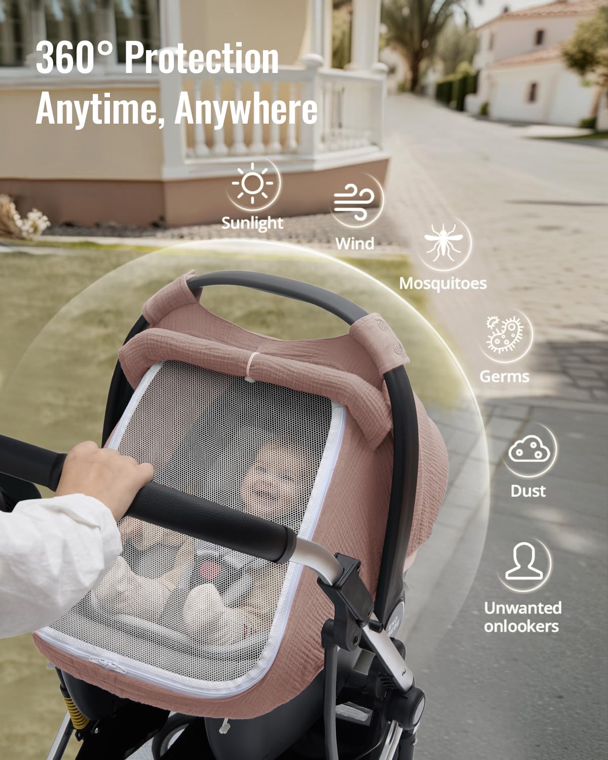 Blissful Diary Baby Car Seat Cover, Extra Large Mesh Window, Breathable Muslin Cotton, Infant Windproof Canopy-Dusty Pink