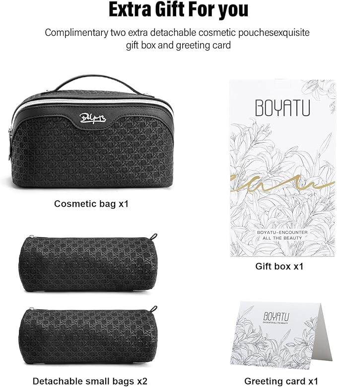 BOYATU Travel Makeup Bag Cosmetic Bags for Women: Large Capacity 3 Pcs Set Make up Bag with Compartments - Waterproof Vegan Leather Toiletry Organizer Bags with Handle (M-71Black)