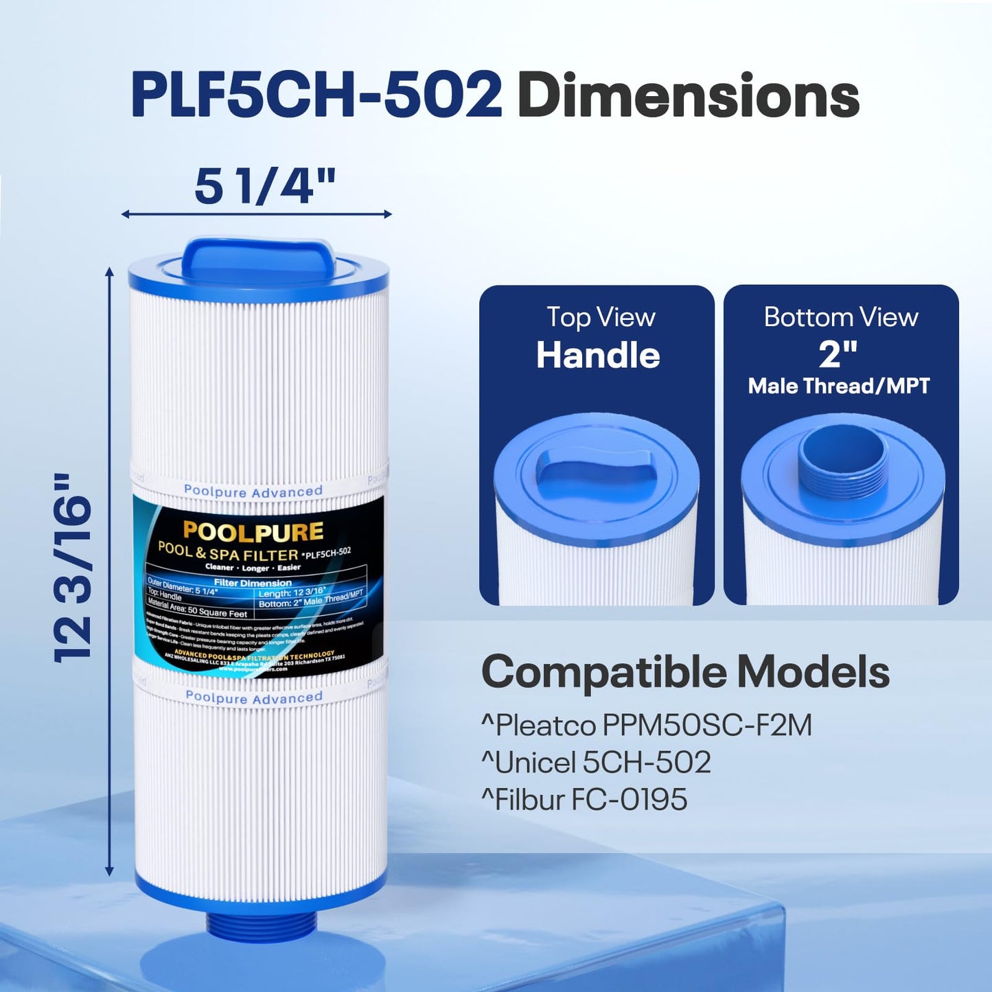 POOLPURE 5CH-502 Fine Thread Spa Filter Replaces PPM50SC-F2M, Marquis Spa 20041, 20091, 370-0237, Marquis 50 Hot Tub Filter, Length: 12 3/16", 2” Male Thread/MPT (2 Pack)