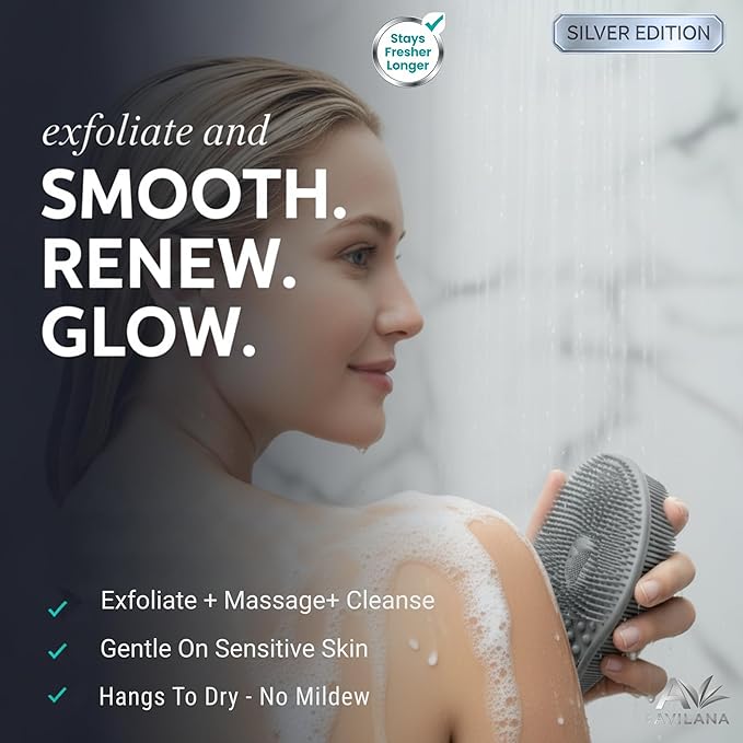 Avilana Silver Edition Exfoliating Body Scrubber - Silver-Ion Infused Silicone Bath Brush, ISO Tested Dual Sided, Stays Fresh Firm Bristles Smooth Rough Bumpy Skin Texture Loofah Alternative Women Men