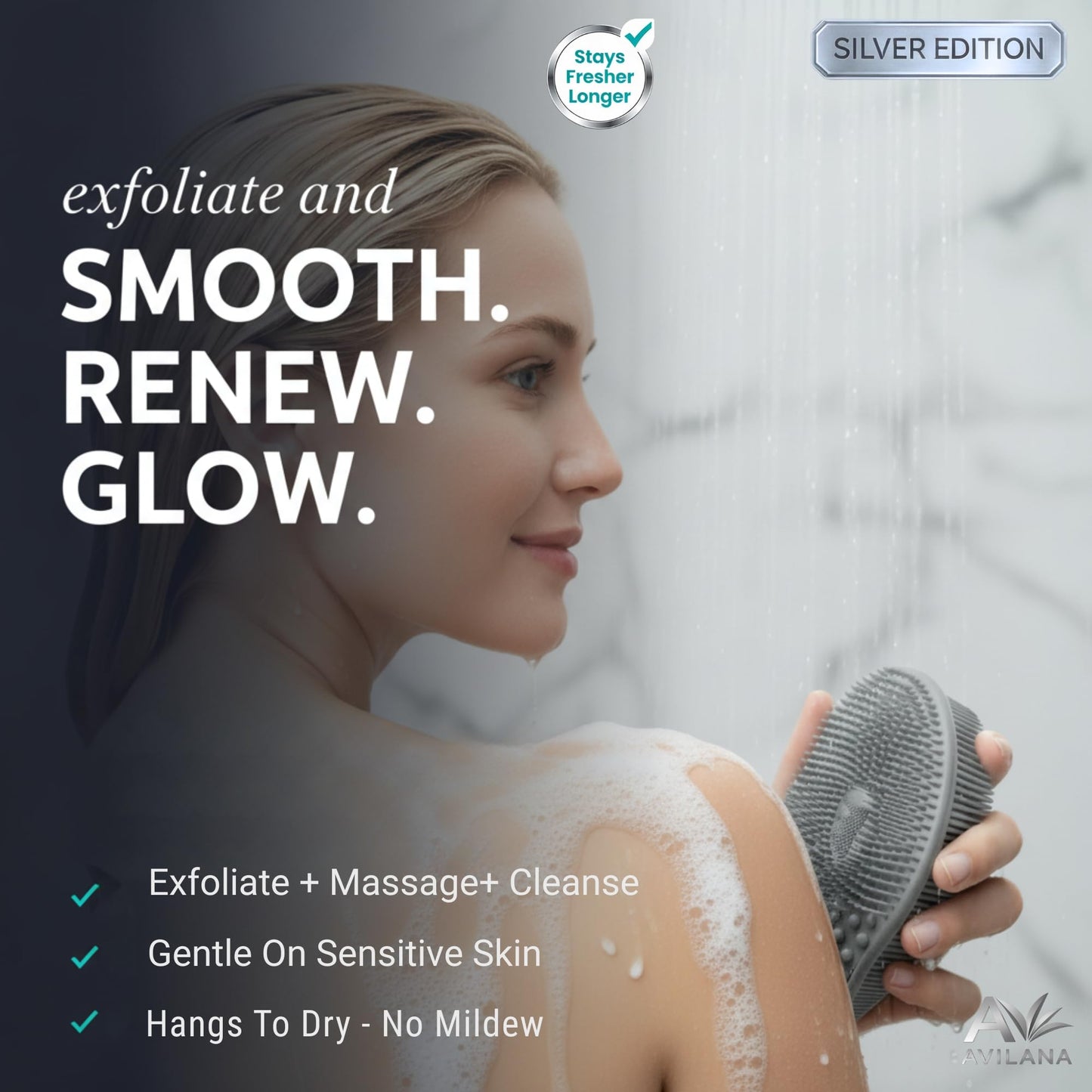 Avilana Silver Edition Exfoliating Body Scrubber - Silver-Ion Infused Silicone Bath Brush, ISO Tested Dual Sided, Stays Fresh Firm Bristles Smooth Rough Bumpy Skin Texture Loofah Alternative Women Men