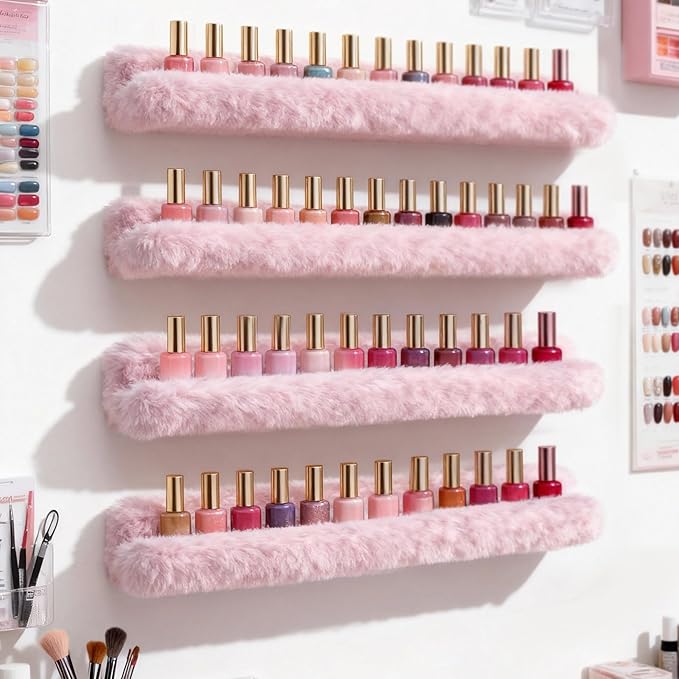 YMVV Nail Polish Wall Shelf - 15-Inch Furry Plush Display & Organizer Rack, Holds 60+ Polishes, Soft Ledge for Bedroom, Bathroom, Salon - Protects Bottles from Scratches，6 Pack Pink