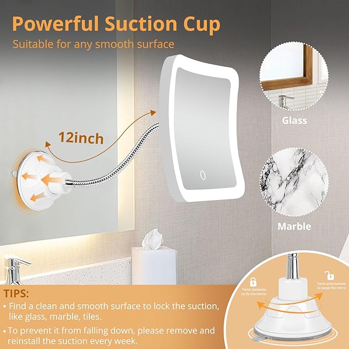Fabuday Flexible Gooseneck 30X Lighted Magnifying Mirror - Upgraded Rechargeable Makeup Mirror with Lights and Magnification, LED Travel Mirror with Suction Cup for Bathroom, 3 Color Lighting, Square