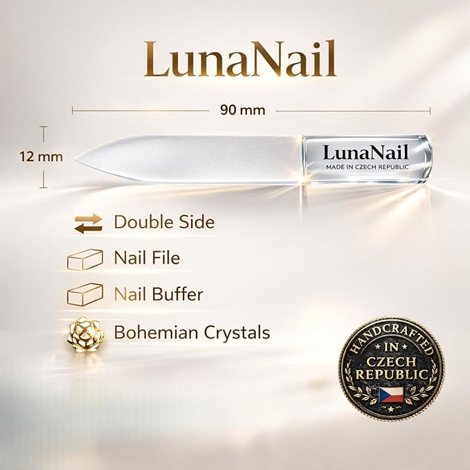 Nano Czech Glass Nail File & Buffer 2-in-1, Velvet Case, Crystal Polisher, Mirror-Shine, Keratin-Sealing, Travel Friendly