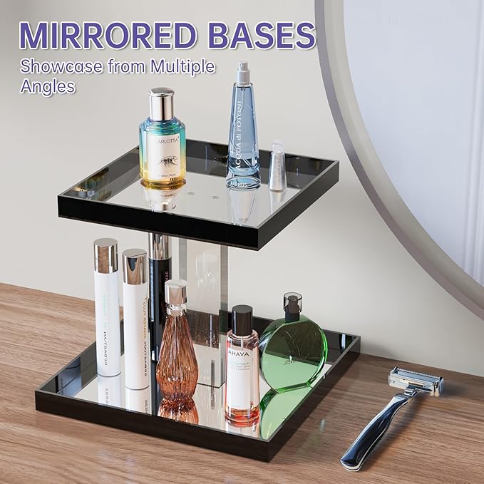 NiHome Acrylic Perfume Display Organizer, 2-Tier Cologne Organizer, Makeup Holder with Mirrored Base, Handmade Vanity Storage Versatile Countertop Tray for Cosmetics Toiletries, Black
