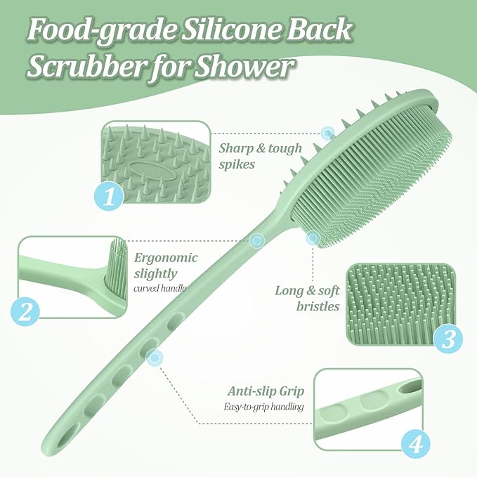 Silicone Back & Body & Face Scrubber Set 3PCS, Gentle Exfoliating Back & Body Scrubber with Dual-Side Brush Head, Hygienic Silicone Loofahs with Soft Bristle and Non-Slip Handle(Green-3PC)