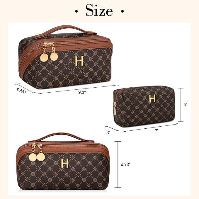 Birthday Gifts for Women Teen Girl, Personalized Initial Makeup Organizer Bag Set, Open Flat Travel Cosmetic Bag With Clear Divider and Handle(Coffee,H)