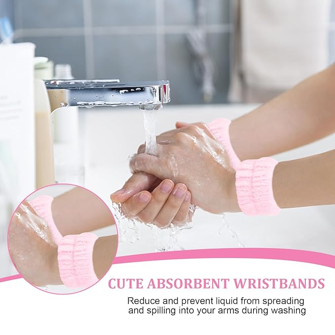 6Pcs Pink Spa Headband and Wrist Washband Set, Skincare Makeup Headband, Sponge Face Wash Terry Cloth Puffy Hair Band for Washing Face