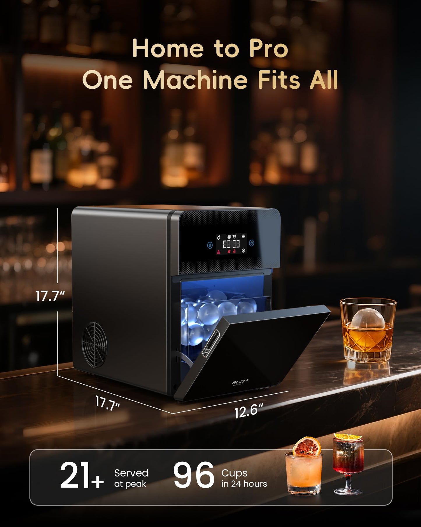 ecozy 2.4" Clear Ice Ball Maker Countertop with CrystalFlux Technology, 3 pcs in 45 Mins, 96 pcs/Day, Sphere Ice Maker with Automatic Water Supply, Self-Cleaning, Enhanced Insulation for Whiskey Bar