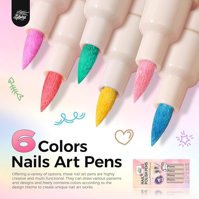 6 Colors Nail Art Pens Set, 3D Nail Polish Pens Quick-Drying Acrylic Paint Markers, Dotting Liner Brush for DIY Nail Design, Home & Salon Manicure Tools