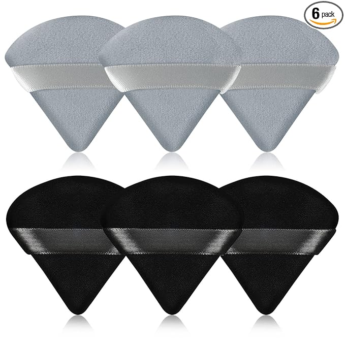 Pimoys 6 Pieces Powder Puff Face Triangle Makeup Blender Sponge Soft Velour Puffs for Loose Powder Setting Powder Cosmetic Foundation Sponge Beauty Makeup Tool, Black and Gray