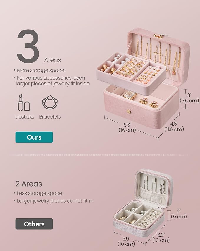 SONGMICS Jewelry Organizer Box, Travel Jewelry Case, 2-Layer Travel Case for Earrings, Necklaces, Bracelets - Portable Jewelry Storage with Large Capacity, Gift Idea, Jelly Pink UJBC166R02