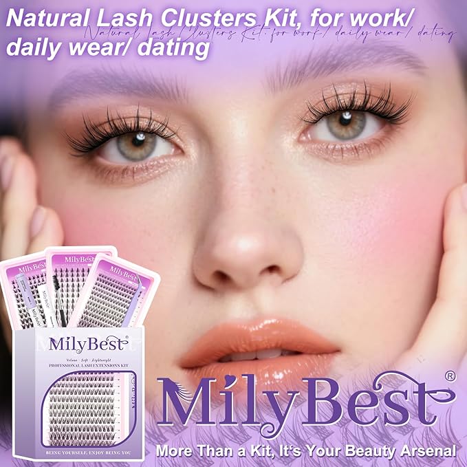 MilyBest Natural Lashes Clusters Lash Kit Fairy Eyelash Clusters with Bond&Seal 3 Styles Wispy 456Pcs Cluster Eyelash Extensions Kit Mixed C-Curl Individual Lash Clusters Thin Band DIY at Home Easily