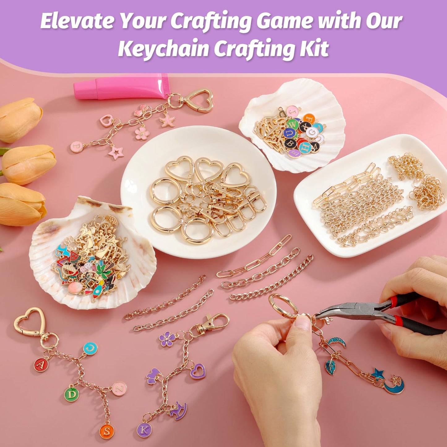 selizo 404Pcs Charms Lip Gloss Keychain Making Kit, DIY Craft Supplies with Charms, Key Chain Hooks, Jump Rings, Lobster Clasps, Chains, Jewelry Making Kit for Custom Keychains, Bags, Valentines Gifts