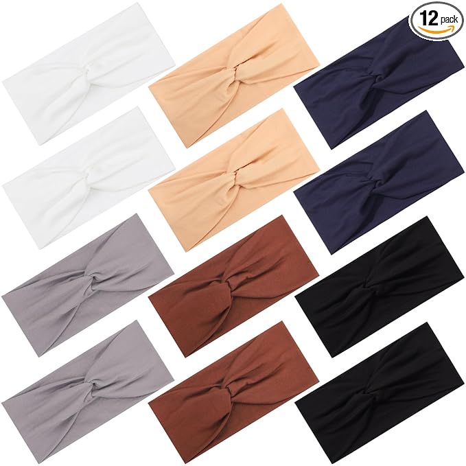 12 Pcs Stretchy Headbands for Women, Absorbed Sport Headband Soft Twist Knotted Hairbands for Daily Life Yoga Workout (Neutral Color 2)