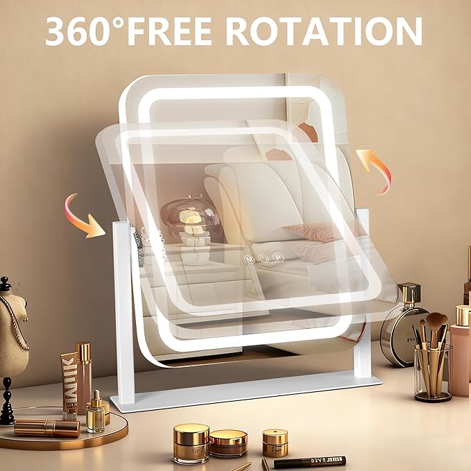 Vanity Mirror with Lights 15"×13", Led Makeup Mirror, Lighted Makeup Mirror with 3 Color Dimmable Lights, Smart Touch Screen Control, 360°Rotation