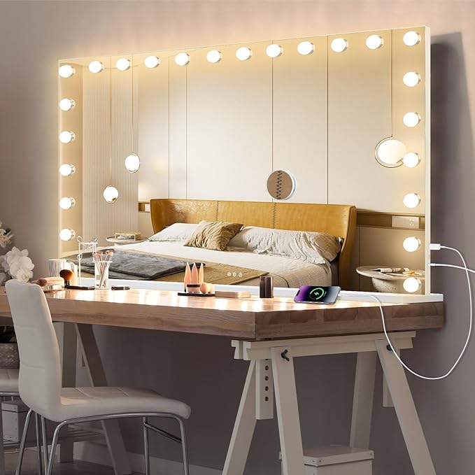 Hollywood Vanity Mirror with Lights, 24 Dimmable Bulbs, 3 Color Lights,Make Up Lighted Mirror, Aluminum Metal Frame, USB Charging Port（48" x 30"）