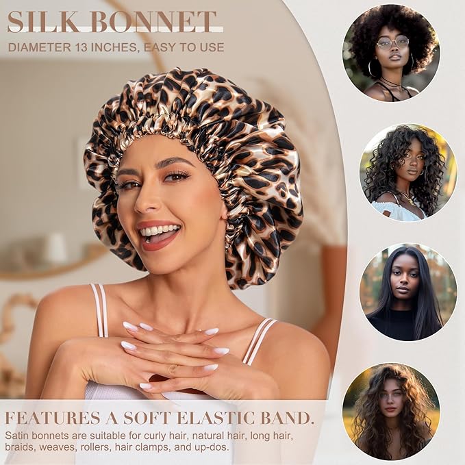 Satin Bonnet Silk Bonnet Hair Bonnet for Sleeping-Slouchy Beanie Hat Satin Sleep Cap for Women's Natural & Curly Hair(Black&Leopard)