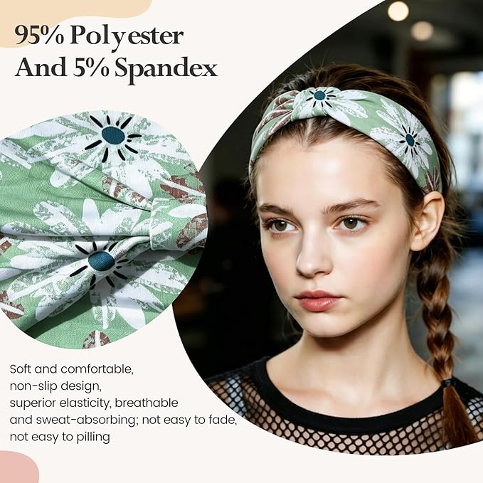 HSEM Sports Headbands for Women – 6 Pack Stretchy Non-Slip Wide Hair Bands – Soft Thick Elastic Sweatbands for Workout, Washing Face, Makeup, Running, Spa & Daily Fashion 1 Green Floral 5 Mixed 2-10